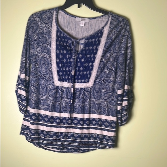 Vintage America Blue and White 3/4 Sleeve Tie Front Blouse - Picture 1 of 5
